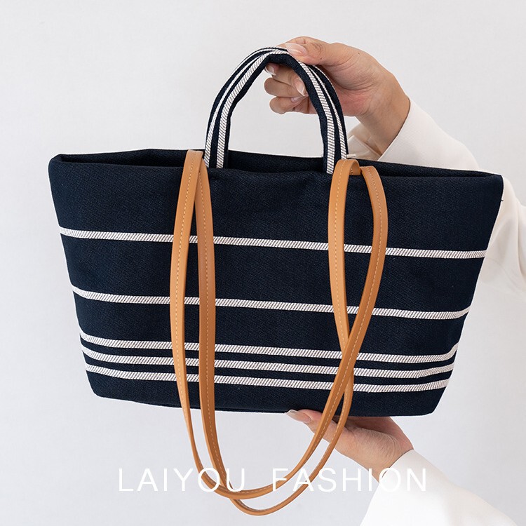 Hongbo 2025 New Niche Navy Striped Canvas Large Shopping Bag Tote Bag Shoulder Hand Bag