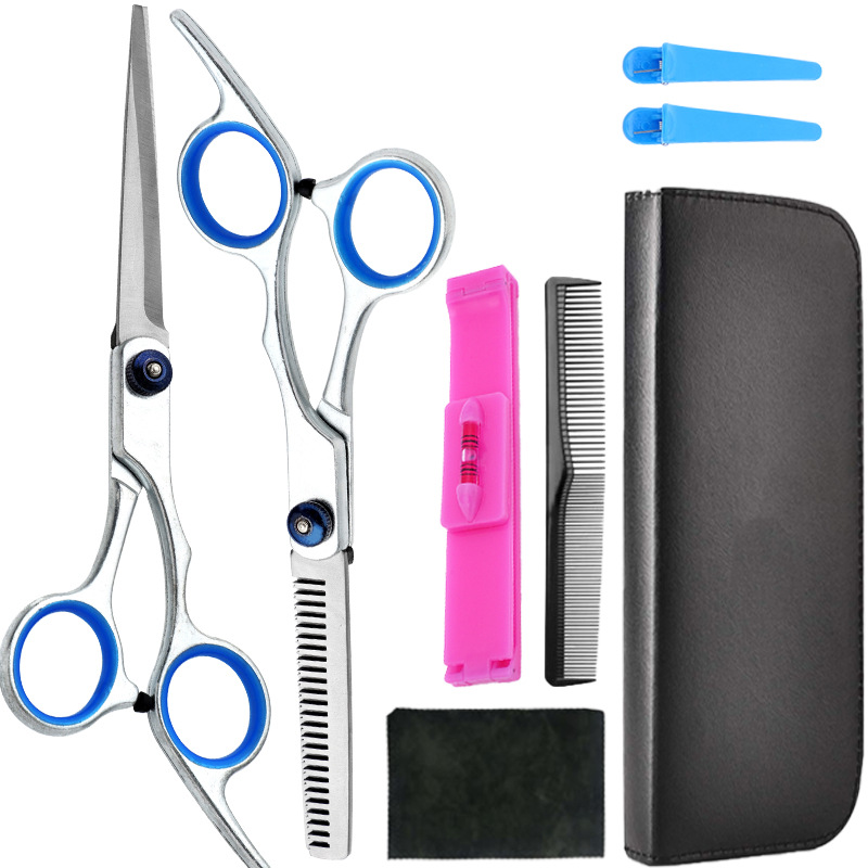 Un conjunto completo de tijeras de corte de pelo al por mayor, tijeras de dientes delgadas profesionales, tijeras planas de reparación de cabello, tijeras para el hogar, fabricantes de herramientas de tijeras para el cabello