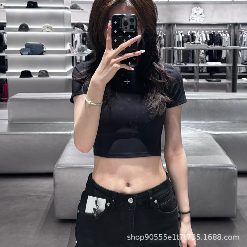 Smfk Body Shaping Skin Short Tee Cross Print Slim Fit Hot Girl Short Sleeve T-Shirt Bottoming Shirt 025 Summer