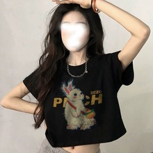 奥代尔正肩黑色印花辣妹短袖t恤女夏季新款高腰显瘦纯欲短款上衣