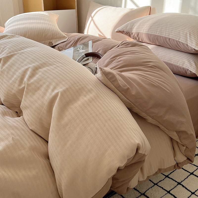 Class a Light Luxury 60-Count Long-Staple Cotton Bedding Four-Piece Set 100% Pure Cotton Single Duvet Cover Bed Sheet Three-Piece Set Striped