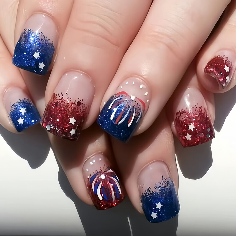 Cross-Border Hot Sale Cute Short Square Fake Nails Independence Day Elements Stars Fireworks Glitter Powder Wearable Nails Finished Products Wholesale