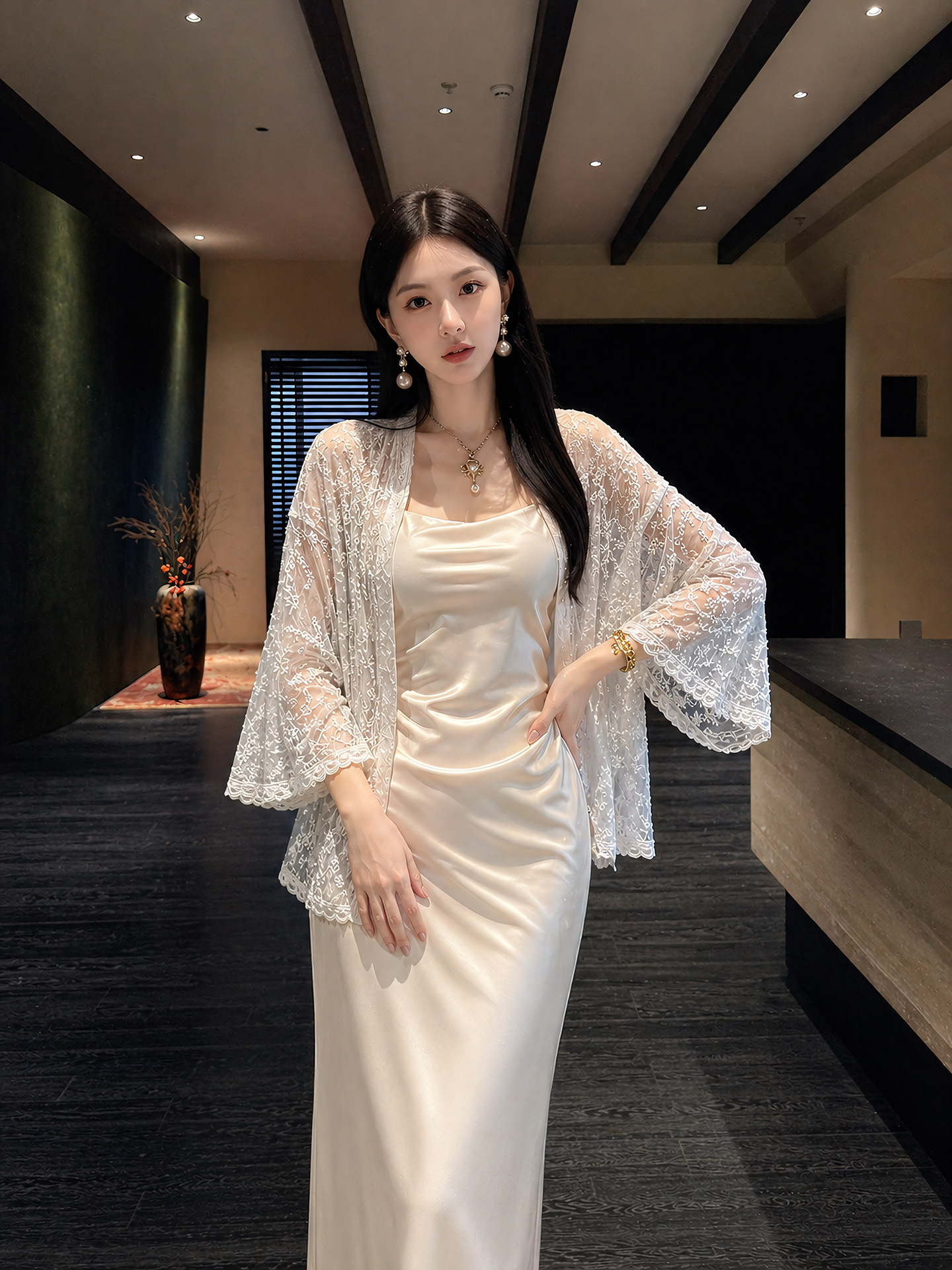 Áo sơ mi nữ dài tay thêu ren họa tiết hoa nổi, phong cách Tân Trung Hoa — Trắng sứ, Xanh mơ