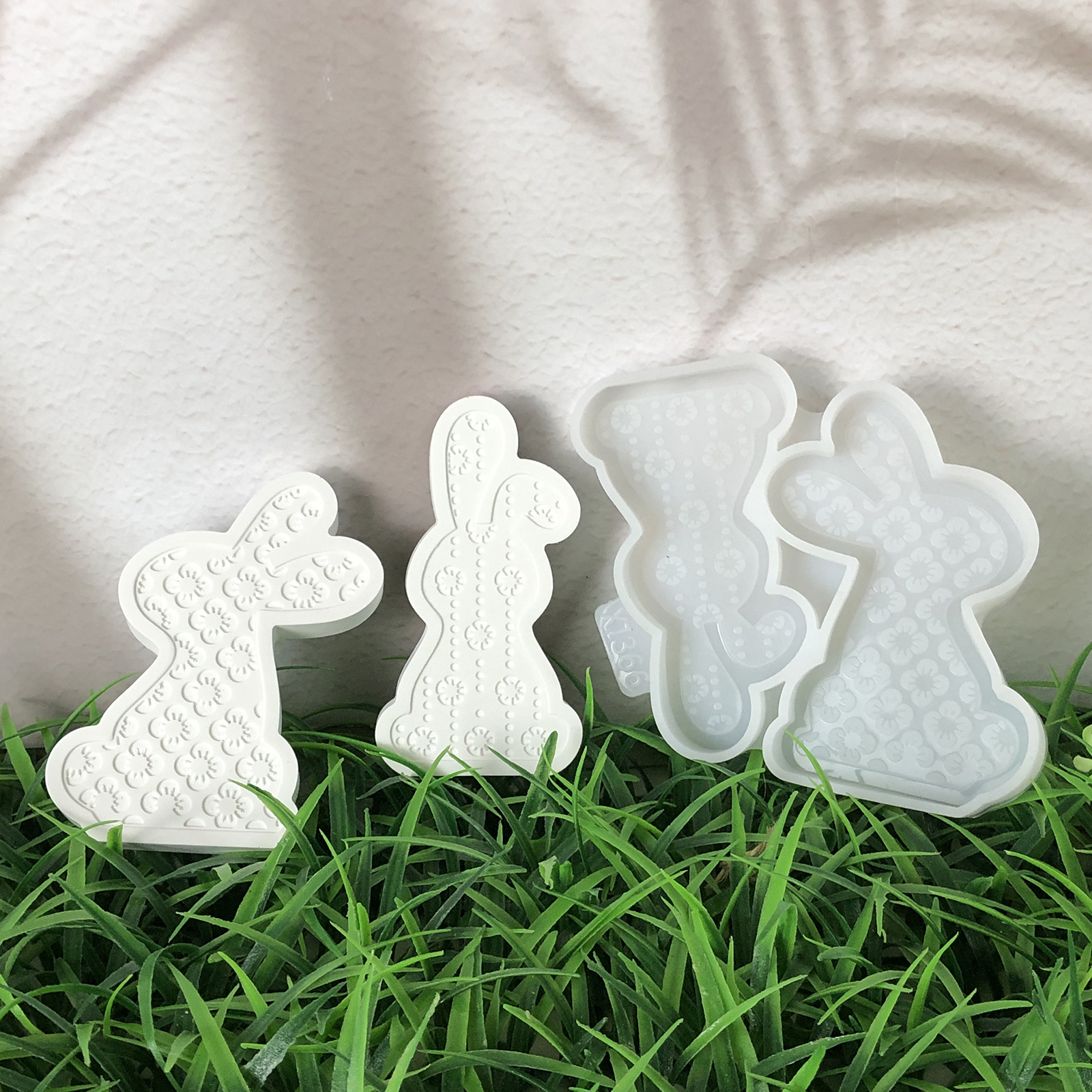 X1366 两只花纹兔子摆件 桌面装饰水泥石膏模具DIY硅胶模具