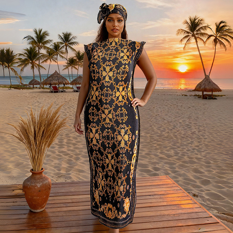 Fashionable New Foreign Trade Long Dress with Floral Print and Pleats, Elegant Plus-Size Women's Dress, Amazon Cross-Border Wholesale