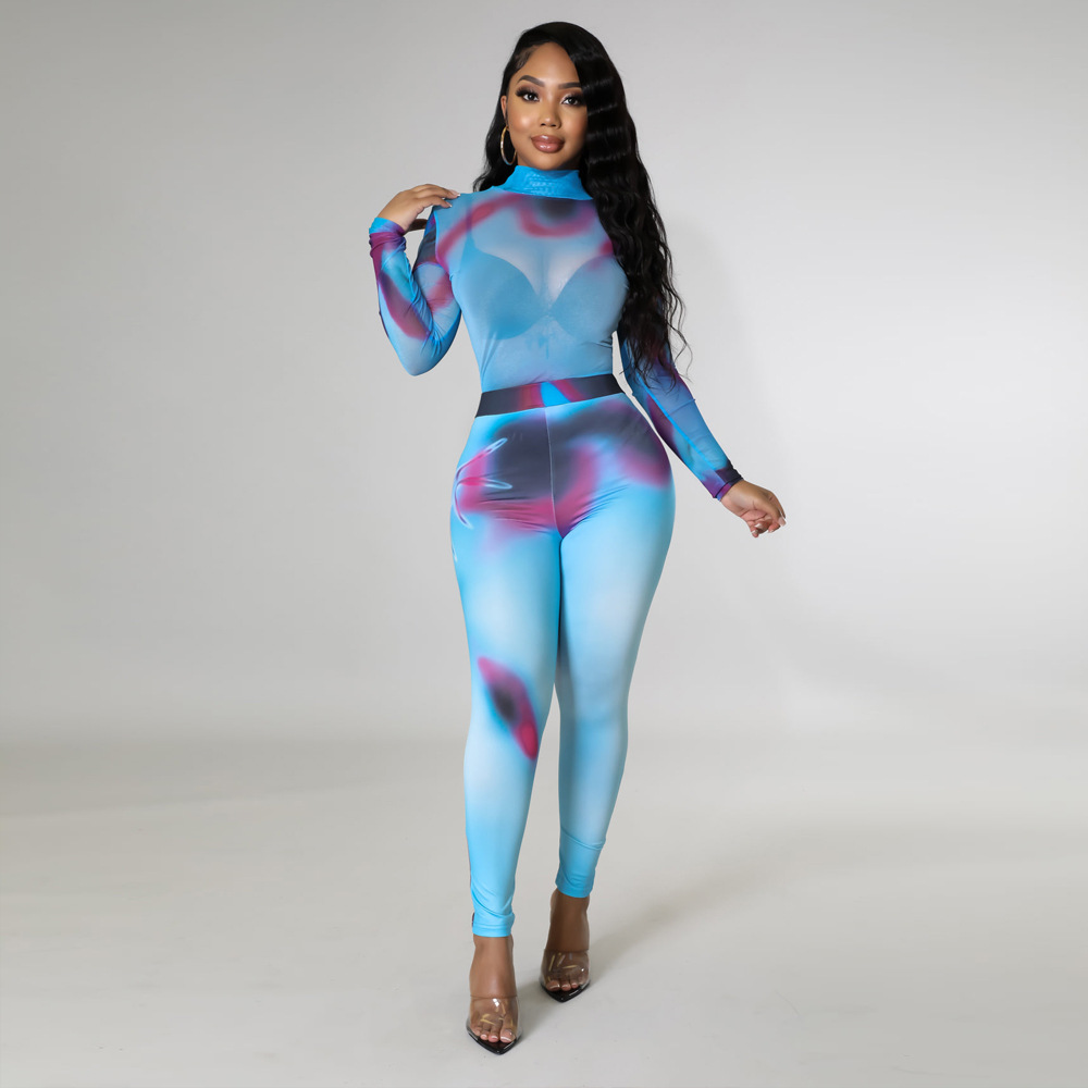 print long sleeve Semi-turtleneck tight one-piece top and pant set NSCYF121208