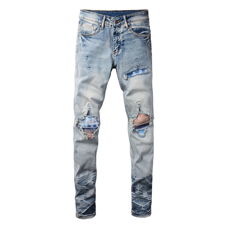 Herrenbekleidung im gleichen Stil, Katzenschnurrhaare, zerknitterte Farbe, Patchwork, Lederpatch, Loch, elastische Slim Fit-Röhrenjeans_voghion.com