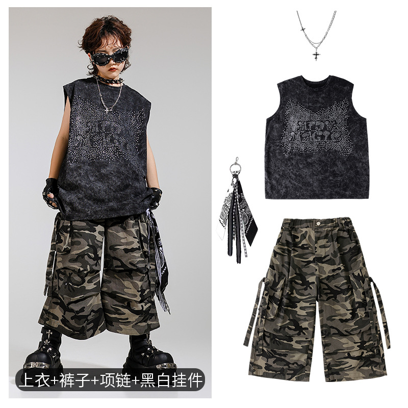 Disfraz de niño de baile callejero para niños, traje de chaleco sin mangas de diamantes calientes para niños guapos