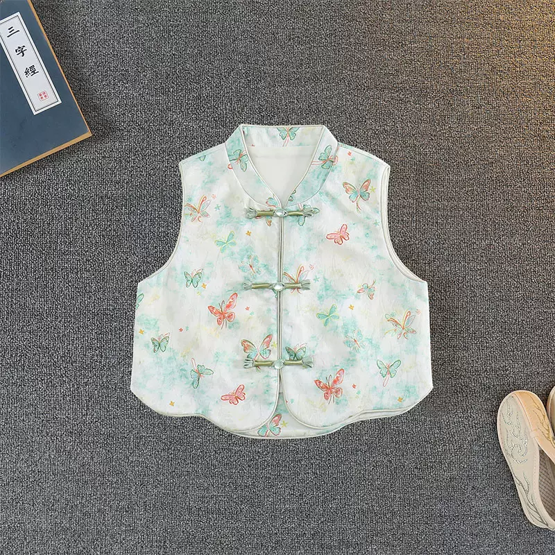 中国风新中式改良马甲女孩春秋薄款复古印花旗袍无袖背心盘扣马甲