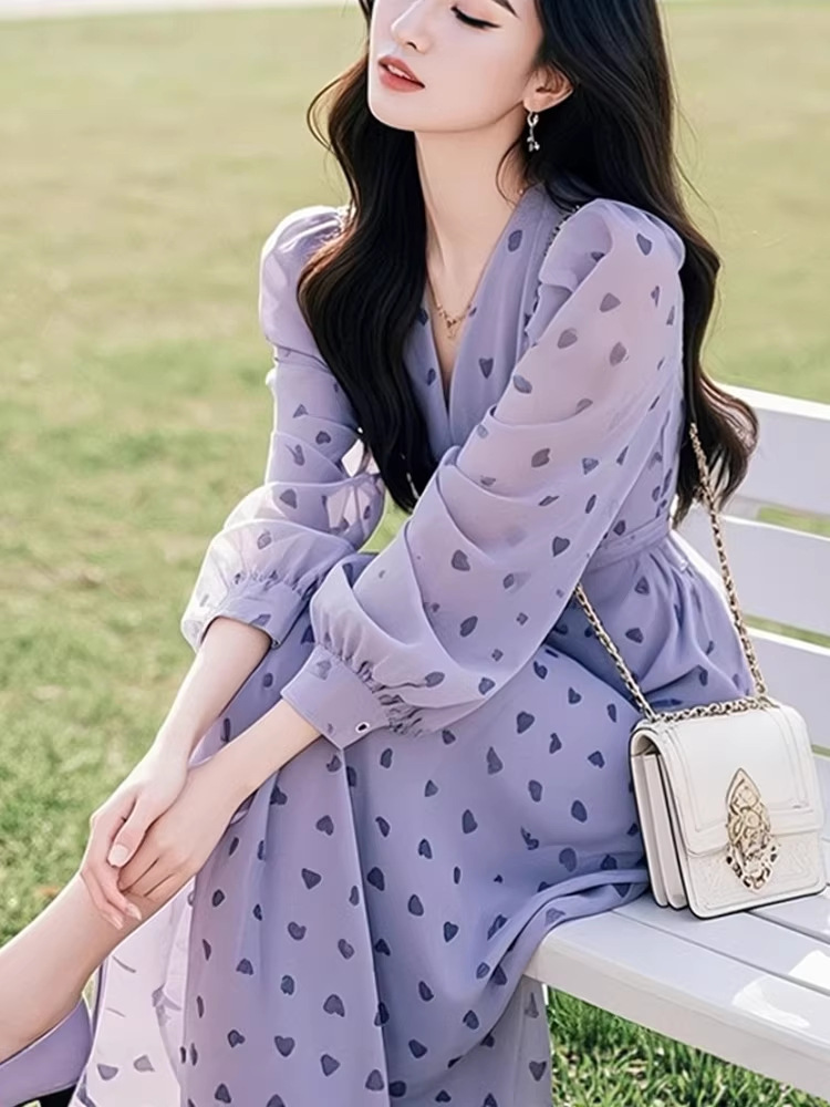 Váy dài maxi nữ họa tiết hoa tình yêu kiểu Pháp cổ điển — Hoa tím