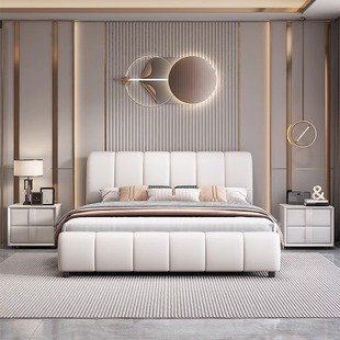 Leather Bed Modern Simple 2024 New Entry Luxury Cream Style High-end Atmospheric Master Bedroom Double Queen Bed Soft Bag Wedding Bed