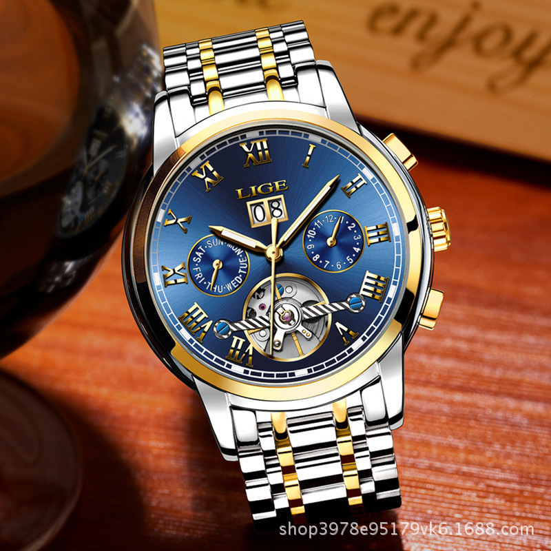 LIGE 9813 caliente-venta hueco transparente Tourbillon multifunción reloj mecánico automático correa de acero reloj de hombre
