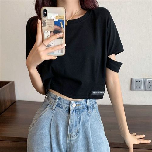 New trendy design women's summer T-shirt with Korean style, fashionable and niche short sleeve high-waisted crop top with relaxed fit.
