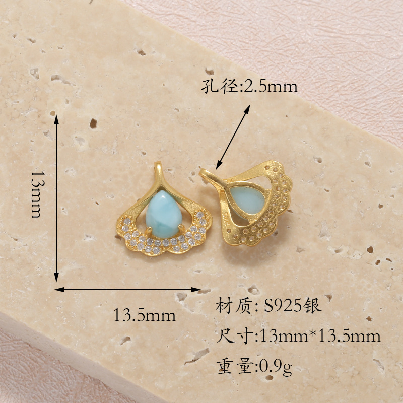 Raw Turquoise S925 Silver Gold-Plated Heart-Shaped Four-Leaf Clover Round Butterfly Pendant Spacer Bead DIY T6