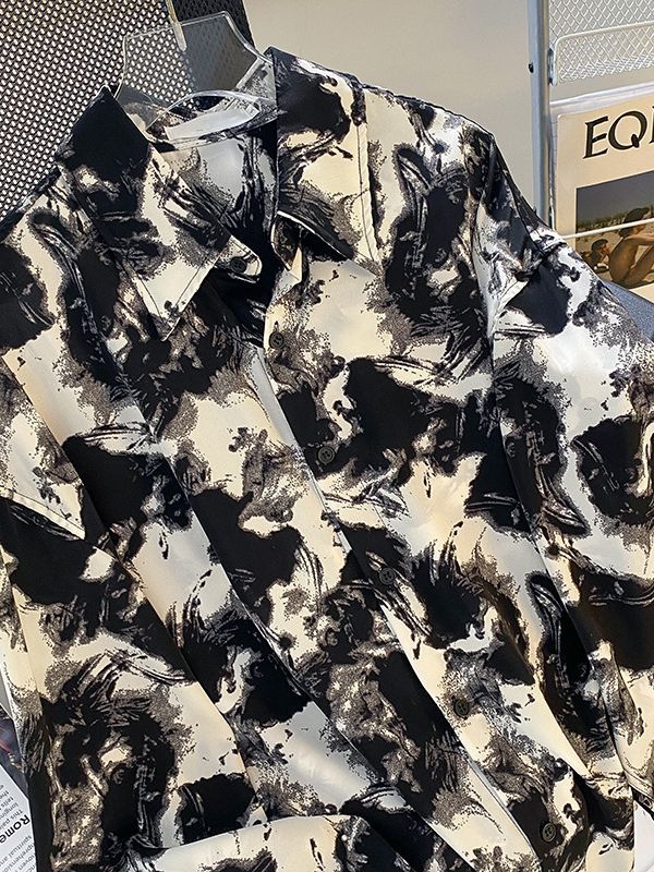 Camisa de verano para hombre de manga larga delgada drapeado camisa de protección solar sin planchar volantes guapo camisa impresa de pintura de tinta de alto grado