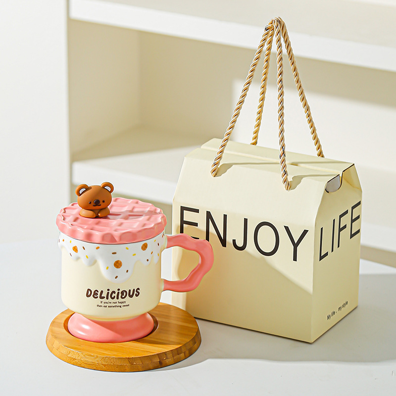 Caricatura dulce oso galletas tazas de cerámica con tapa de alta calidad de la oficina taza de agua regalo de mano taza de regalo