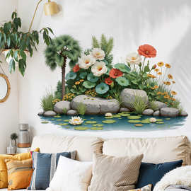石阶池塘花卉背景墙装饰贴纸卧室沙发荷花墙贴画仿真植物画 69197