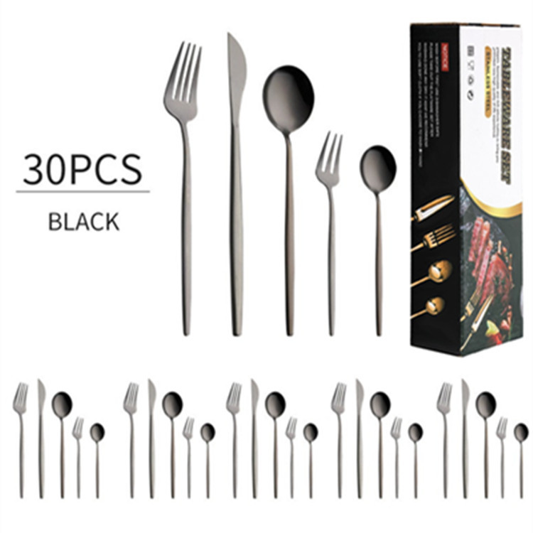Suministro transfronterizo de vajilla de acero inoxidable Portugal 30 piezas traje chapado en oro Occidental cuchillo de carne, tenedor y cuchara caja de regalo traje