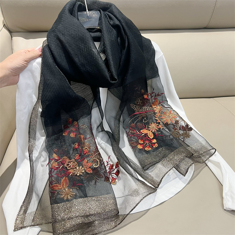 150g Weight Silk Scarf Classification Travel Occasion Polyester Material Flower Pattern Spring, Autumn Season Women's Gender Embroidery Design Elegant Style Women's Elegant Flower Polyester Embroidery Silk Scarf 10