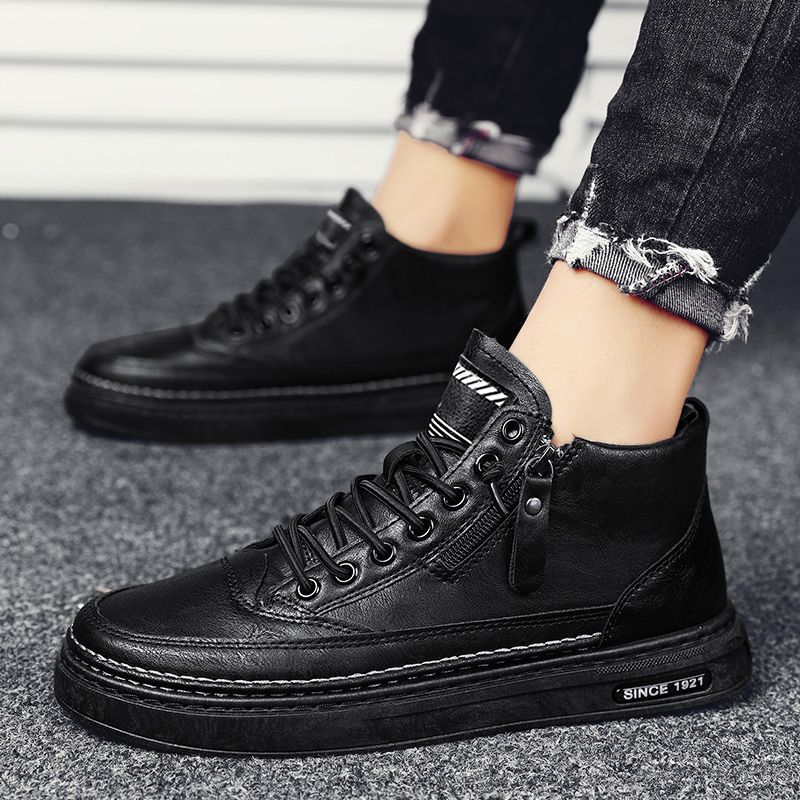 Korean Style Pure Black High-Top Sports Sneakers British Harajuku Ins Boots Hong Kong Trend Boys Workwear Snow Boots