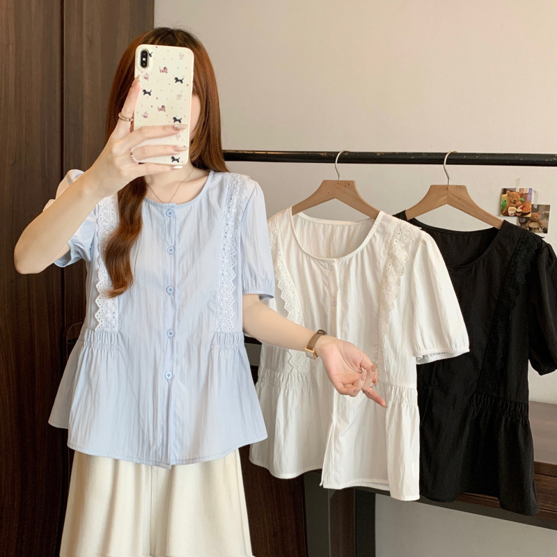 Lace Splicing Blue Short-Sleeved Bottoming Shirt for Women, Summer Wear, Plus Size, Slimming, Waist-Cinching, Tummy-Covering, Age-Reducing Top