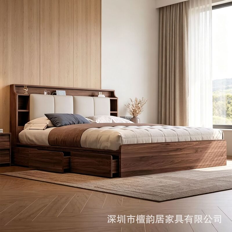 New Chinese style walnut-colored high-box storage double bed, multifunctional storage headboard, segmented lumbar support, upholstered master bedroom wedding bed