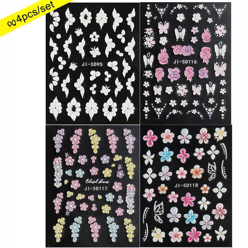 Cross-border nail art flower sticker hibiscus flower painted nail back adhesive sticker nail sticker 4 sheets/set