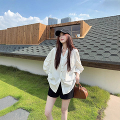 韩系设计V领泡泡袖白色衬衫女装早秋新款老钱风宽松显瘦收腰上衣1