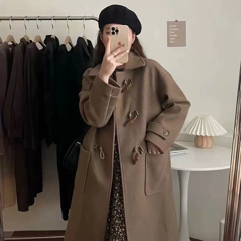Длинное черное шерстяное пальто для подростков, средняя длина, западный стиль, свободный крой