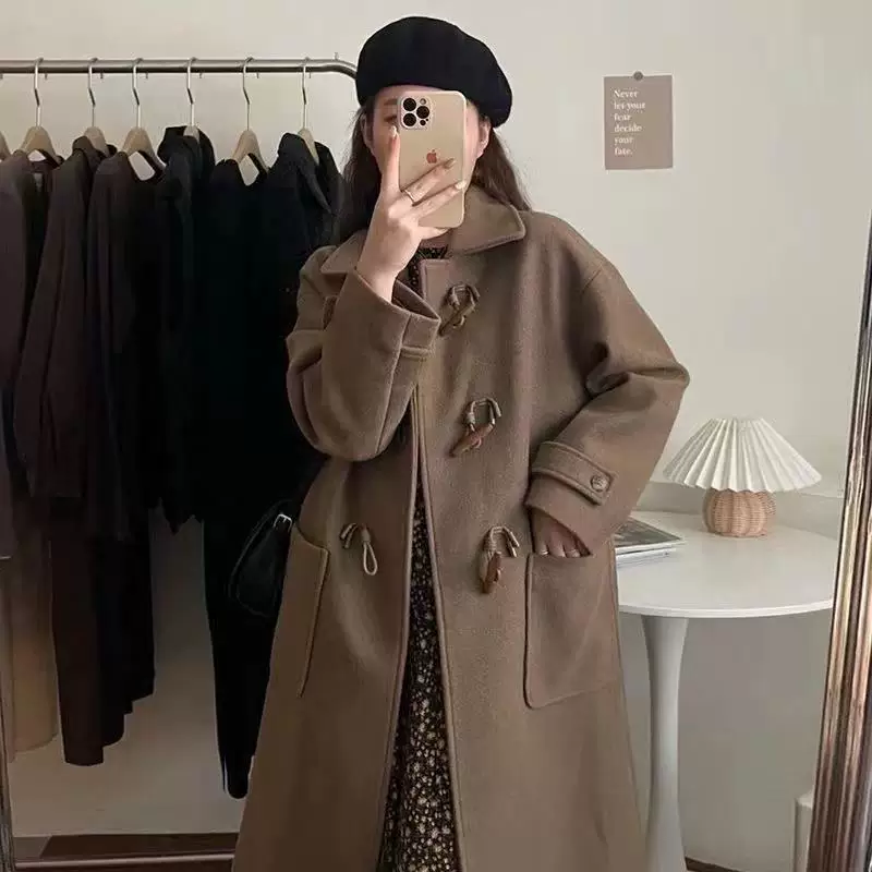 Длинное черное шерстяное пальто для подростков, средняя длина, западный стиль, свободный крой
