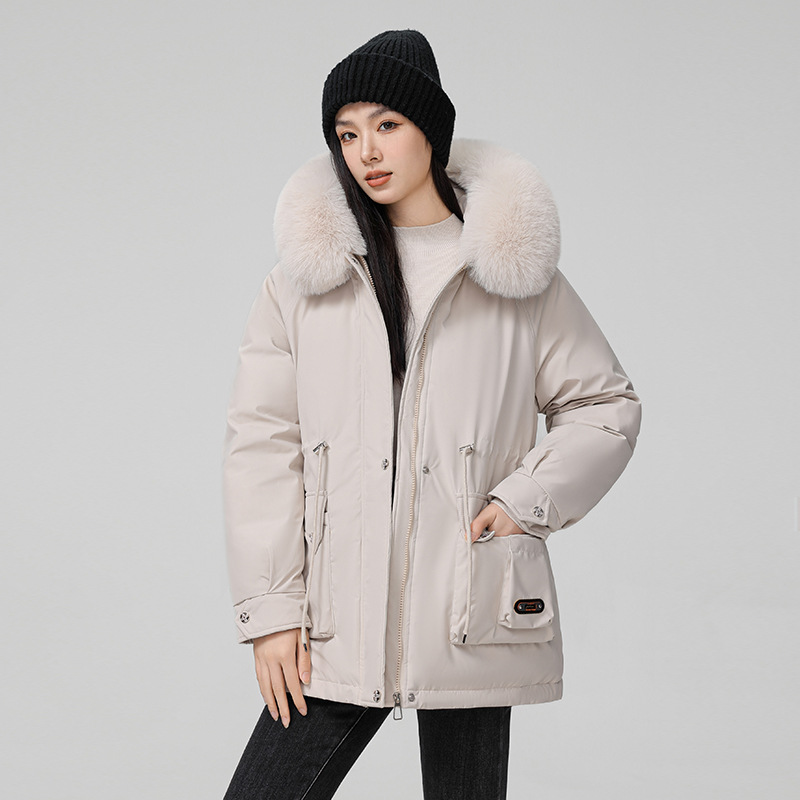 Paquete de mujeres de invierno nuevo estilo coreano de cintura delgada con capuzas cuello de pelo más chaqueta de algodón mediano largo image 8