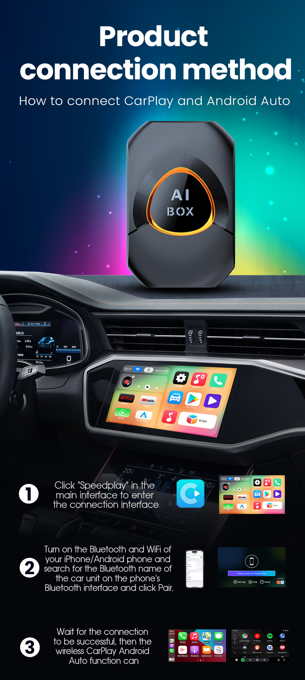 Carplay Wired to Wireless Carplay Android Box Aibox Screen Projection Upgrade to Android15 System