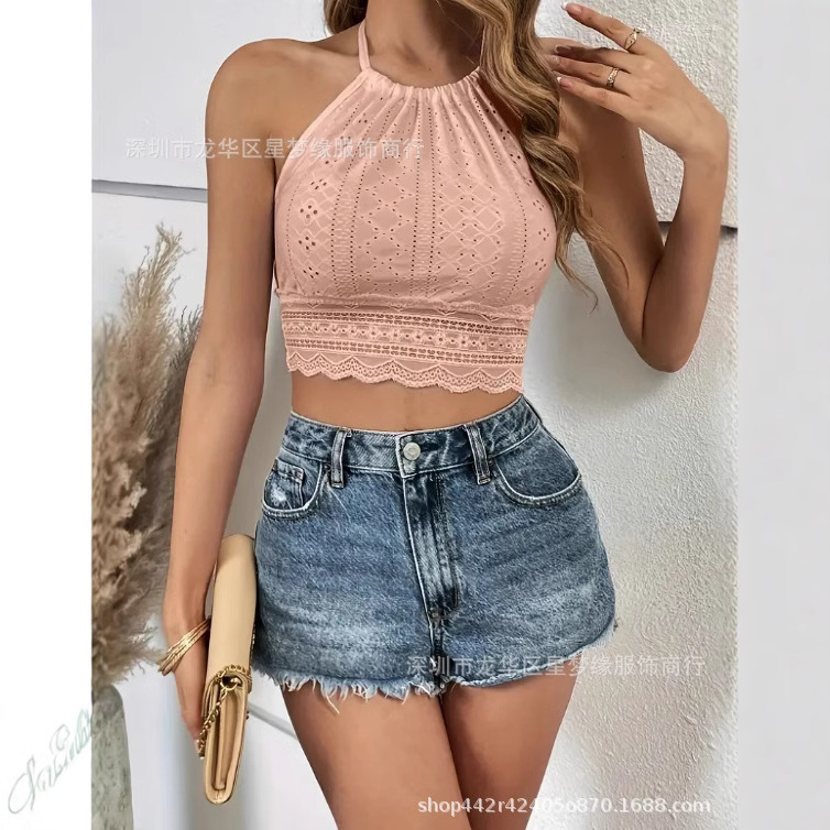 Cross-border Scallop Trim Eyelet Neck Cropped Top, All-match Backless Slim Summer Top, Women's Wear