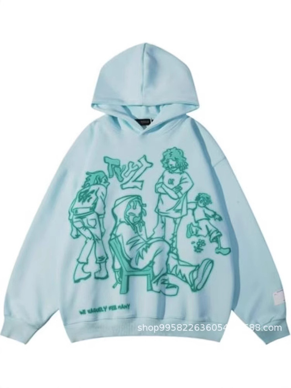 ラインキャラクタープリントフード付きスウェットシャツボーイズハイストリートファッションブランドデザインニッチルーズ秋冬プルオーバーパーカー|undefined