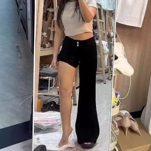 胖mm黑色弹力微喇叭牛仔裤女秋冬新款高腰显瘦梨形身材马蹄裤