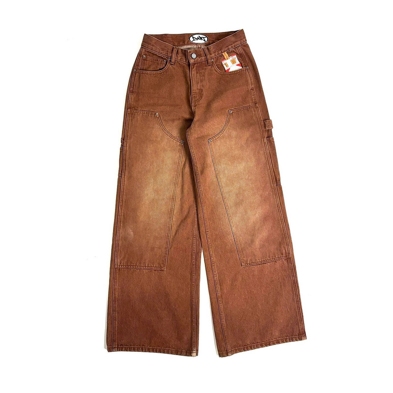 Cross-Border Aliexpress Cigarette Box Embroidered Brown Splicing Jeans Men's Y2K Casual Washed Work Jeans Pants