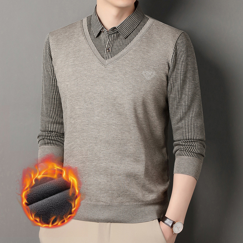 Autumn and Winter Men's Fake Two-Piece Knitted Versatile Shirt Collar Jacket Men's Sweater Inner Shirt Fleece-Lined Bottoming Shirt Sweater
