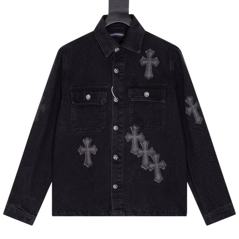 Cross-Border Ch Heavy Industry Chrome Hearts24Ss Autumn and Winter Chrome Cross Black Leather Jacket Denim