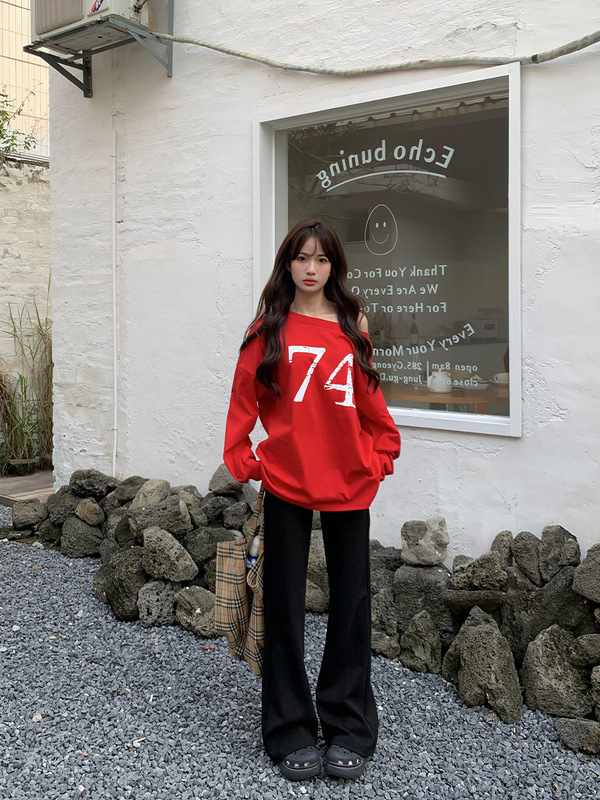 橘子树在哪儿腰头撞色休闲弹力喇叭裤女春季修身显瘦垂感拖地卫裤|undefined