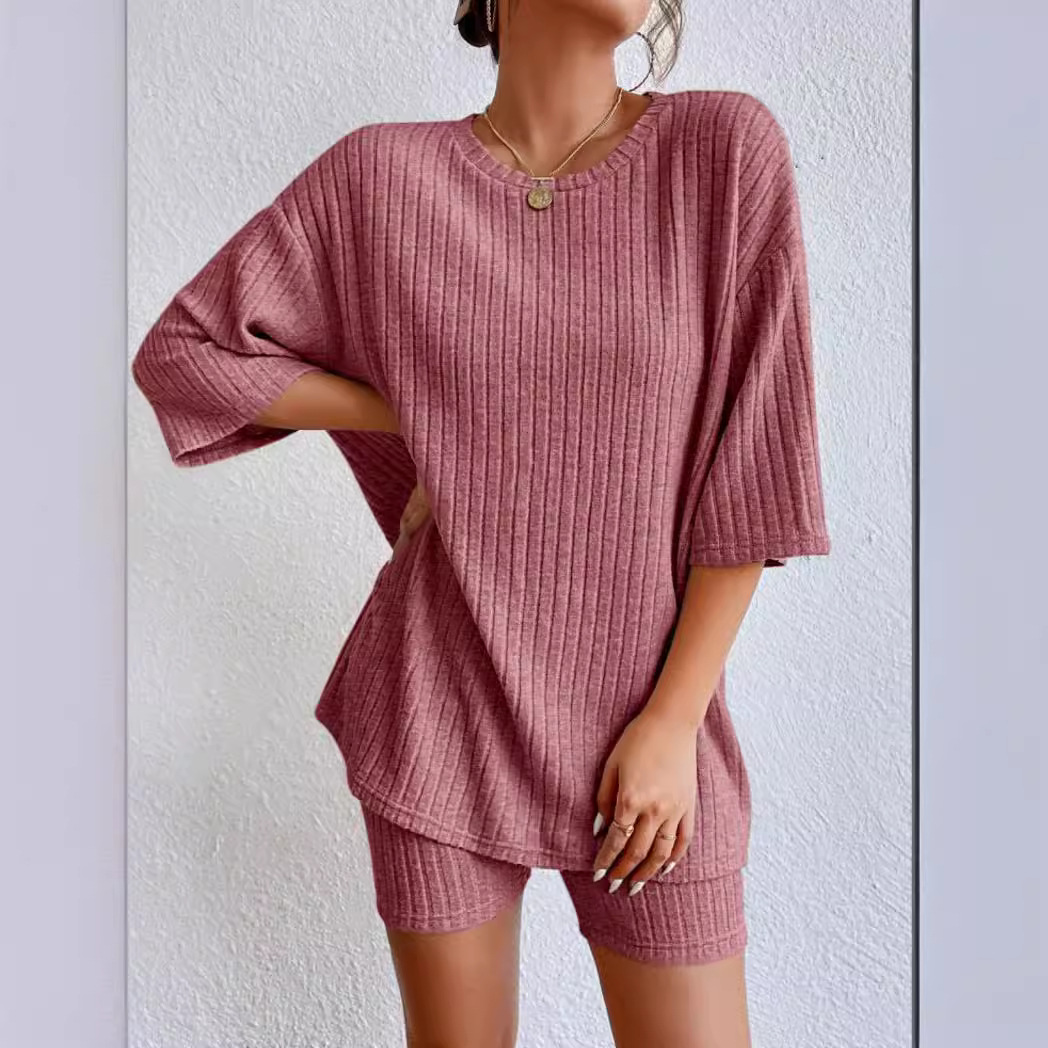 European And American New 2023 Fashion Casual Solid Color Spring Round Neck Loose Women's Shorts Set_voghion.com