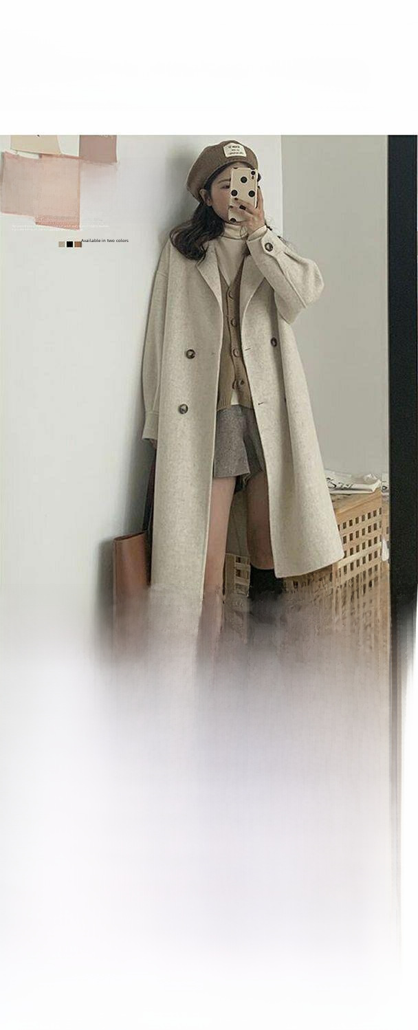 Wollmantel Damen Mittellang Klein Frühling und Herbst Neuer Hepburn-Stil Koreanischer Lockerer Beliebter Wollmantel Strickjacke_voghion.com