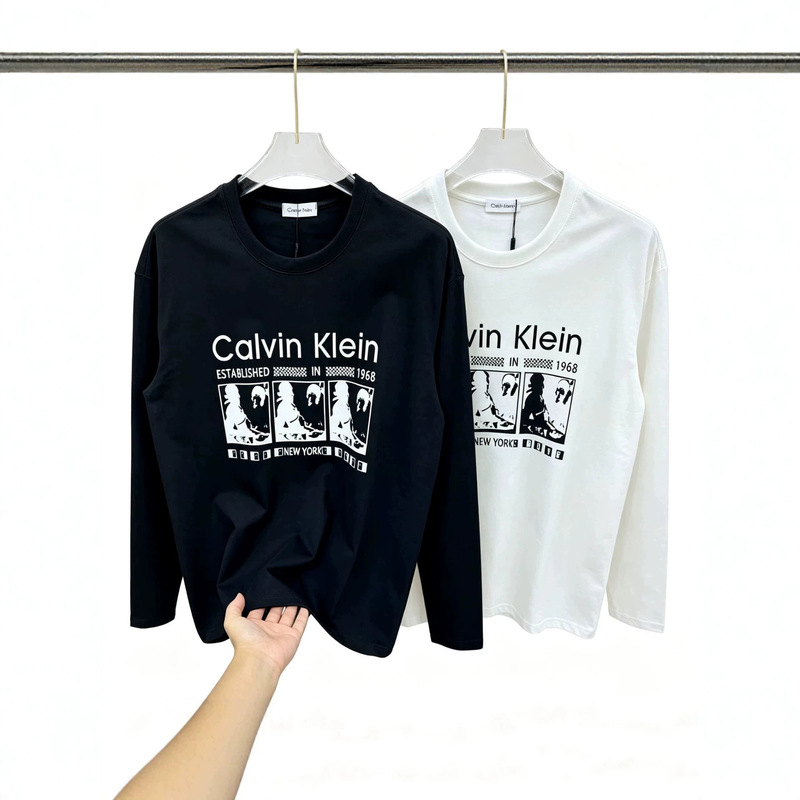 Cross-border CK round-neck long-sleeve T-shirt, featuring a retro print with letter and portrait designs, a new spring/autumn collection from a trendy brand, perfect as a base layer