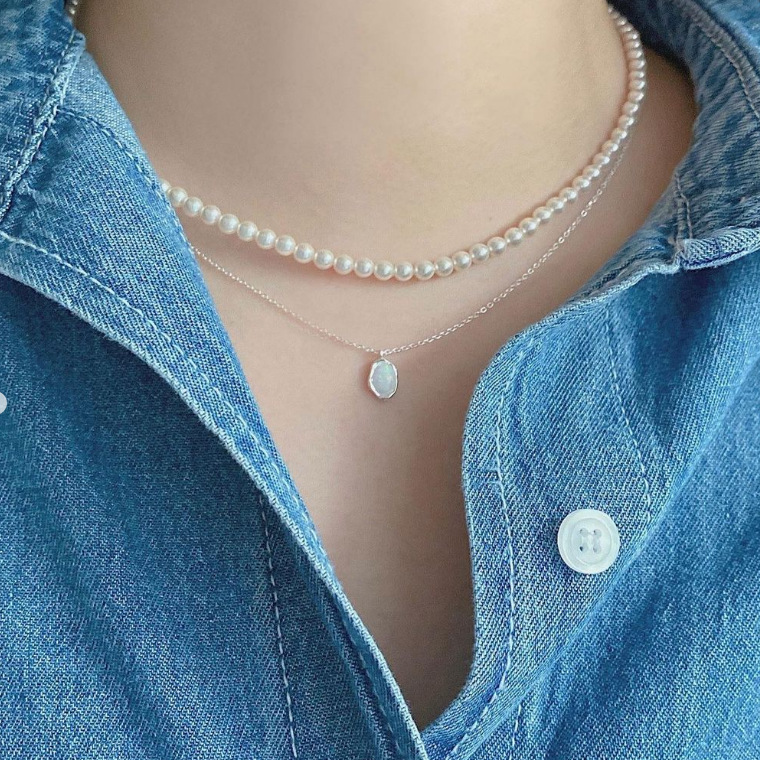 10g Weight 925 Sterling Silver Opal Stone Inlay Oval Pendant Necklace