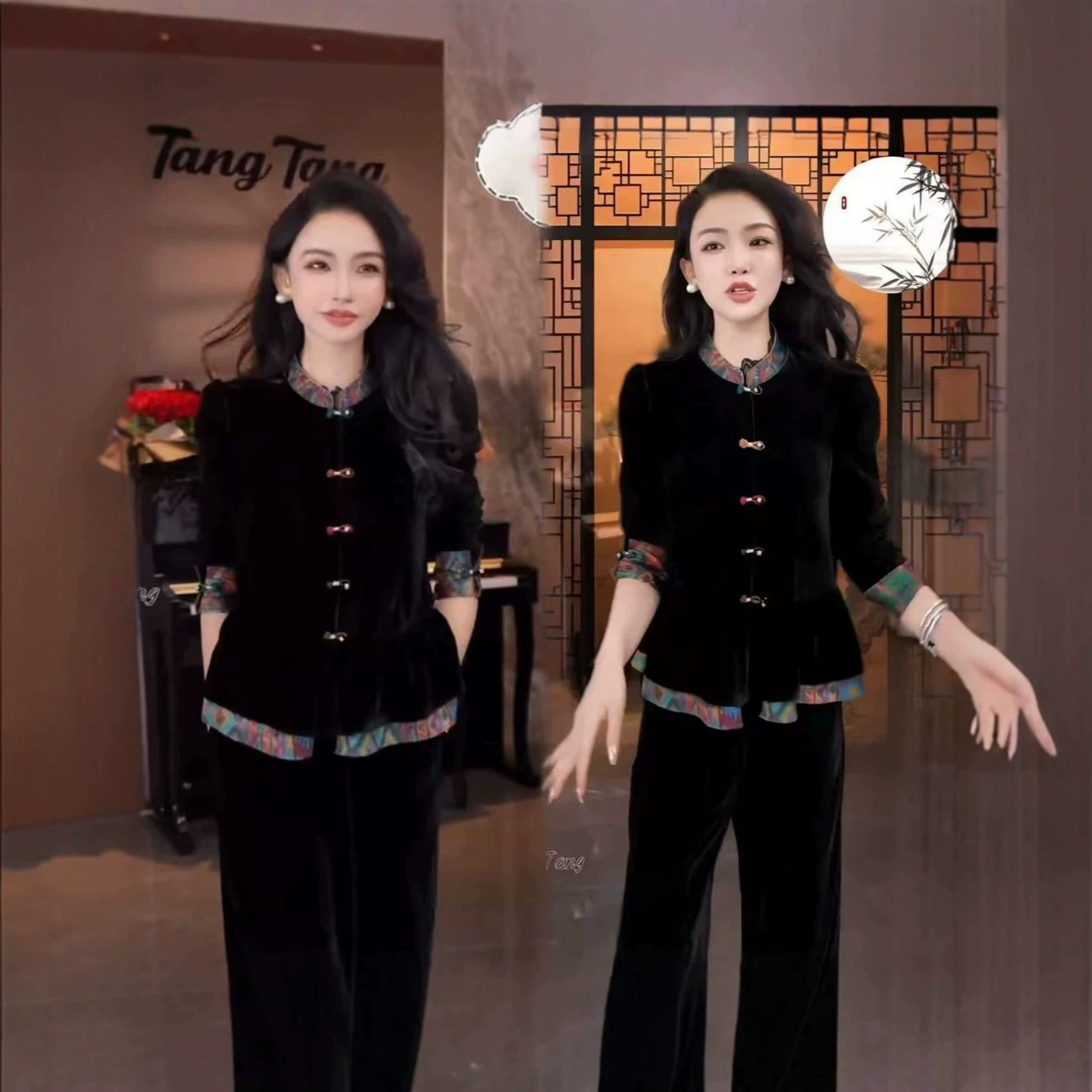 Women's New Spring and Autumn Fashionable Commuter Black Velvet Cardigan with Stand Collar and Fold Buttons