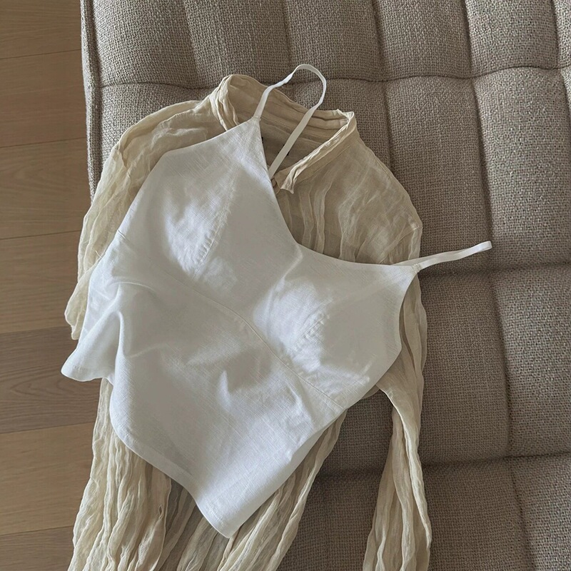 White linen backless camisole bra integrated tank top for women, summer thin breathable backless underwear for layering under a shirt White linen backless camisole bra integrated tank top for women, summer thin breathable backless underwear for layering under a shirt