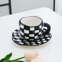 長弘 彩繪棋格馬克杯北歐ins網紅陶瓷水杯馬賽克格子牛奶咖啡杯子