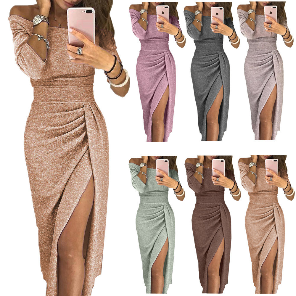 European and American Amazon eBay Women's Hip Slit Collar dress Shiny Dress Dinner dress