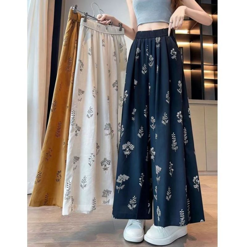 Ethnic-style loose straight casual long pants, ice silk printed wide-leg pants for women, summer thin new high-waisted slimming design