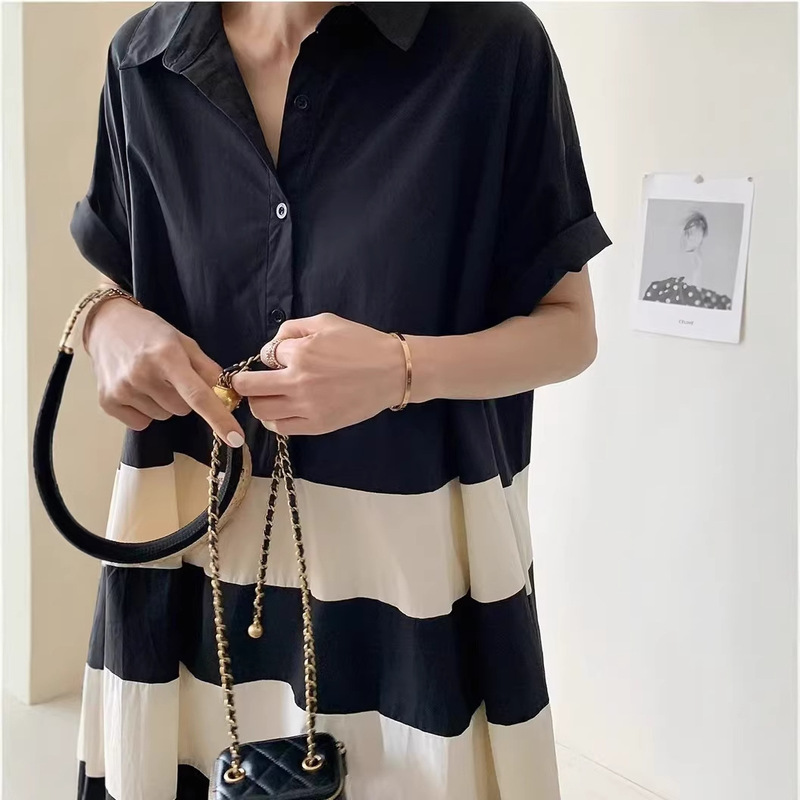 2026 Contrasting Color Wide-Striped Hem Loose Mid-Length A-Line Half-Button Short-Sleeve Shirt Dress