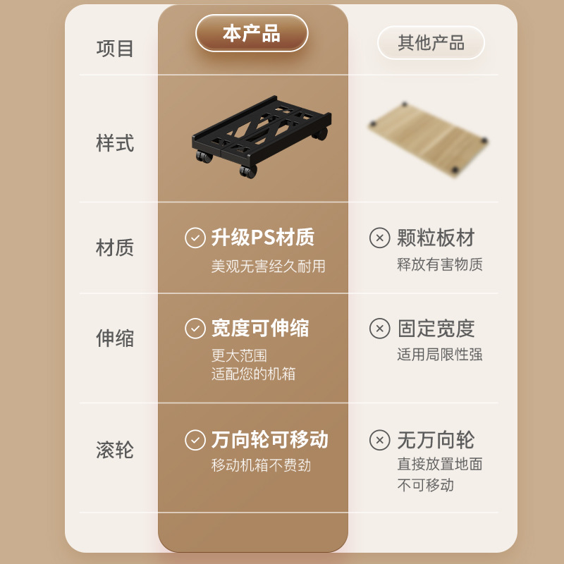 Base de chasis retráctil móvil, estante de almacenamiento de chasis de computadora de escritorio con tira de enchufe, soporte de host de computadora de oficina